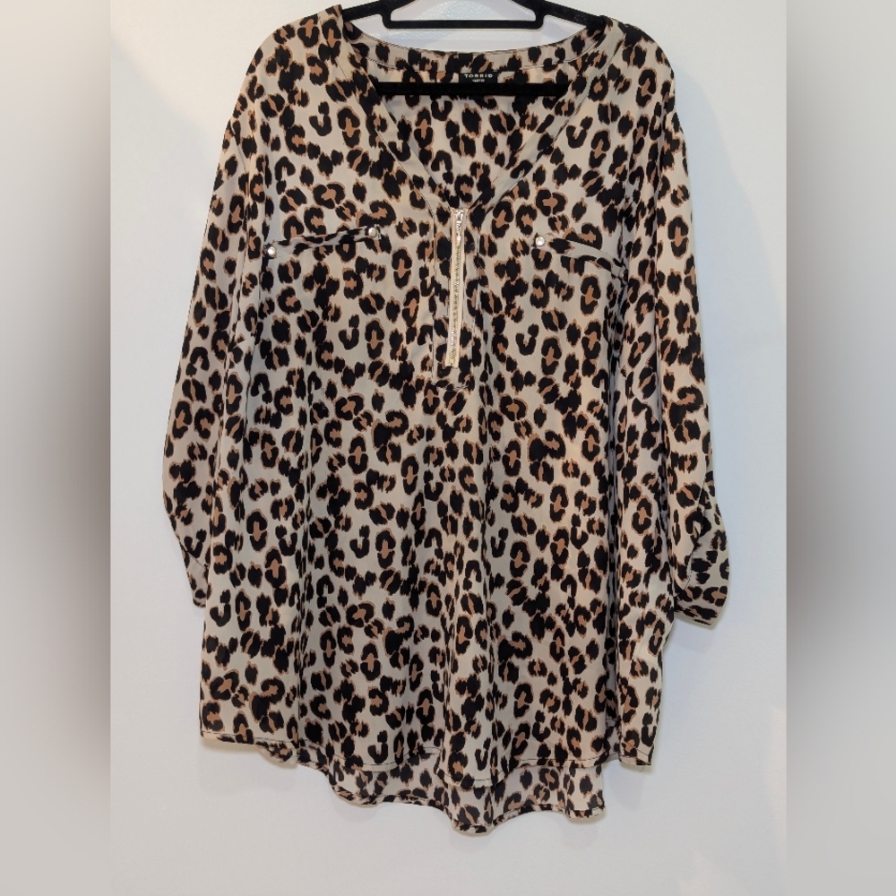 Leopard Print Tunic Blouse - Beige/Black